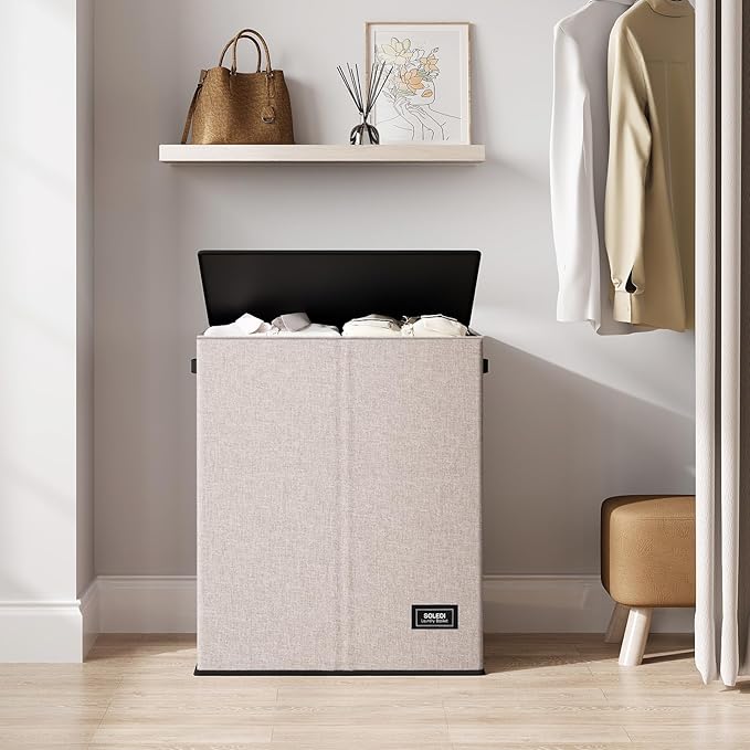 SOLEDI Large Double Laundry Hamper with Lid, Collapsible Clothes Hamper 2 section with Removable Bags, Space-Saving Laundry Basket for Bedroom, Dorm, College-NeatNest