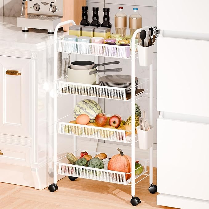 3/4/5 Tier Fruit Vegetable Basket, Stackable Metal Mesh Storage Basket with 360 Degree Wheels, Fruit Vegetable Produce Basket Storage Organizer for Kitchen, Pantry, Bathroom White 4-Layers