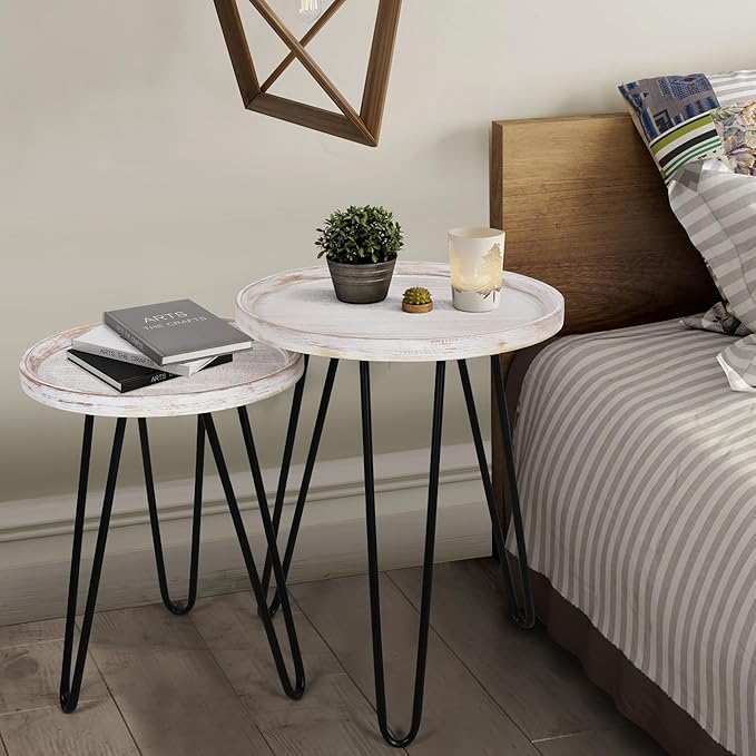Oakrain Nesting Tables for Living Room, Round Nesting Coffee Table, Farmhouse End Tables Living Room, Bedroom, Small Coffee Table (Distressed White)