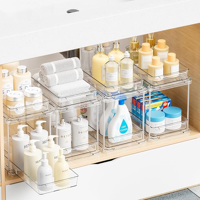 Yieach 4 Pack Under Sink Organizers and Storage,Clear Acrylic Bathroom Organizer and Cabinet Organization for Makeup,Medicine,Two Tier Pull Out Cabinet Organizer Drawers for Pantry,Vanity Storage Bins-NeatNest