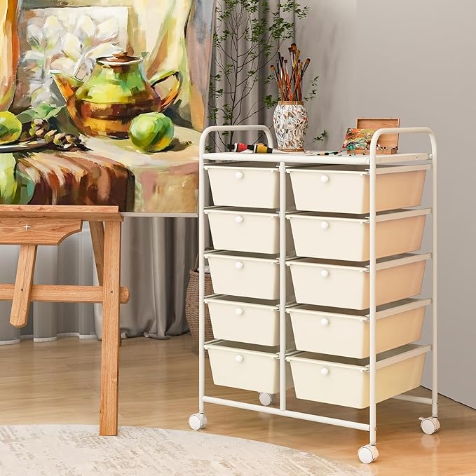 Moccha Rolling Cart with 10 Drawers - Storage Drawers Organizer with wheels for Craft Art Supply Paper Salon, Multipurpose Movable Utility Cart for Teacher Classroom, White