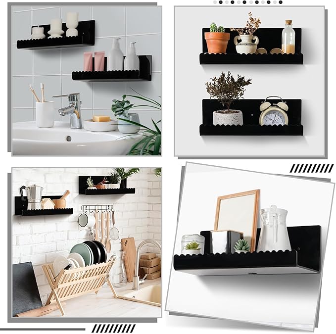 2 Pack Acrylic Wall Floating Shelves, Black Adhesive Organizer, Acrylic Floating Bookshelves, Wall Display Shelve for Bedroom, Gaming Room, Living Room, Bathroom, Office-NeatNest