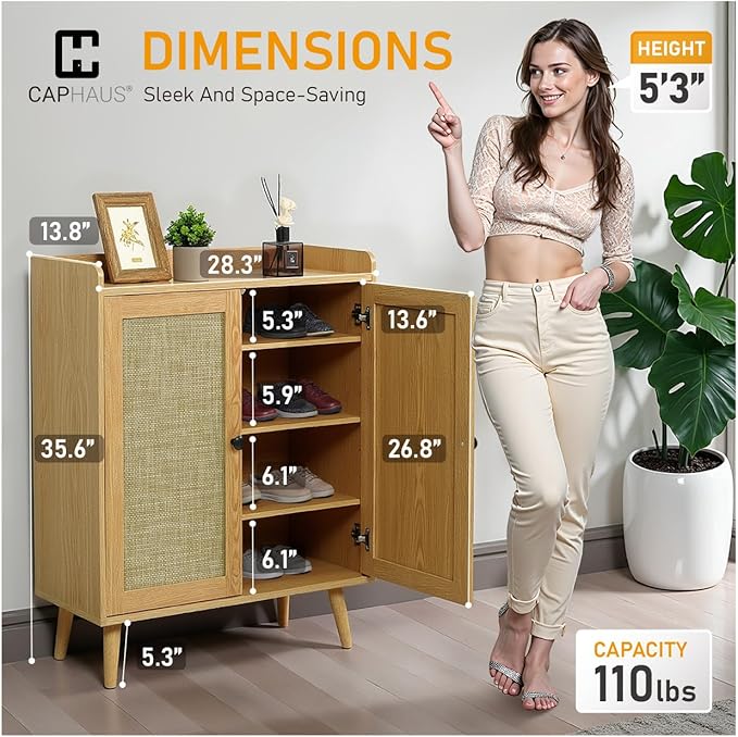 CAPHAUS 5 Tier Shoe Cabinet for Entryway, Modern Entryway Shoes Organizer w/Rattan Doors & Wooden Legs, Adjustable Shelves, Hidden Shoe Rack, Natural Oak