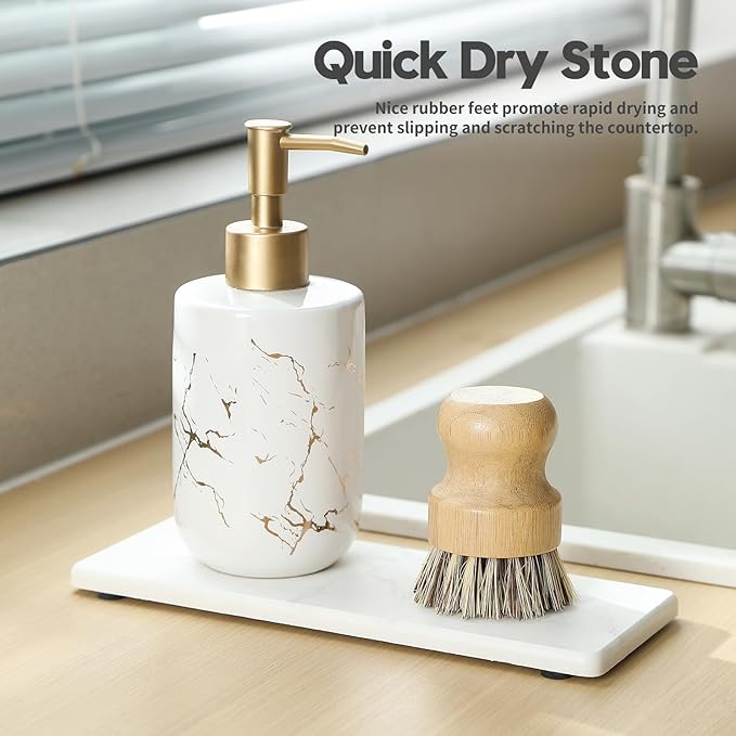 2PCS Diatomite Marble Tray Quick Drying Mat for Kitchen Counter, Water Absorbing Stone Vanity Caddy for Bathroom Sink,Faucet Splash Guard,Soap Dispenser Rack Sponge Holder Organizer, White, 9"x3.5"-NeatNest