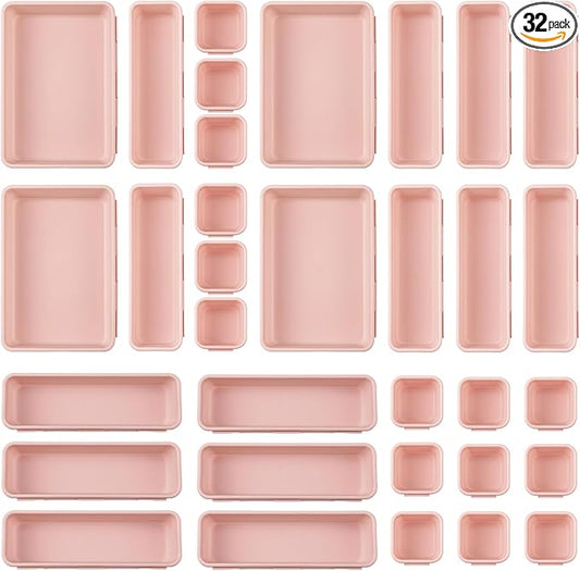 32 Pcs Desk Drawer Organizer Office Organization Tray Versatile Vanity Organizer with Nonslip Pads Makeup for Divider Drawer Storage Box Container for Kitchen Bedroom(Pink)
