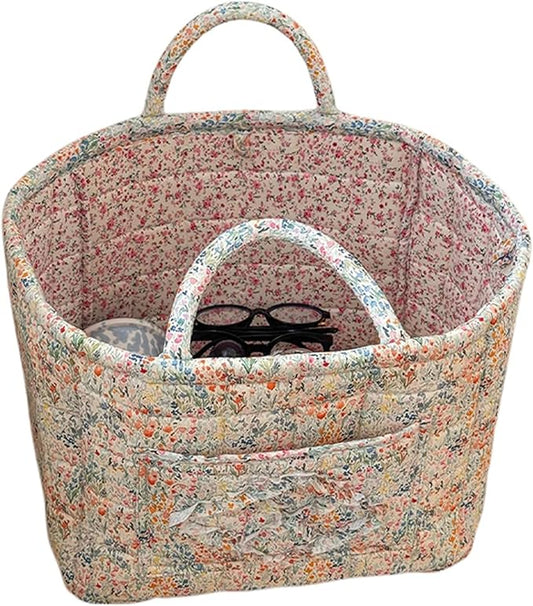 Boho Fabric Storage Basket Quilted Floral Print Baskets Organizer Bin with Handles for Home, Picnic, Shopping (Blue, L)-NeatNest