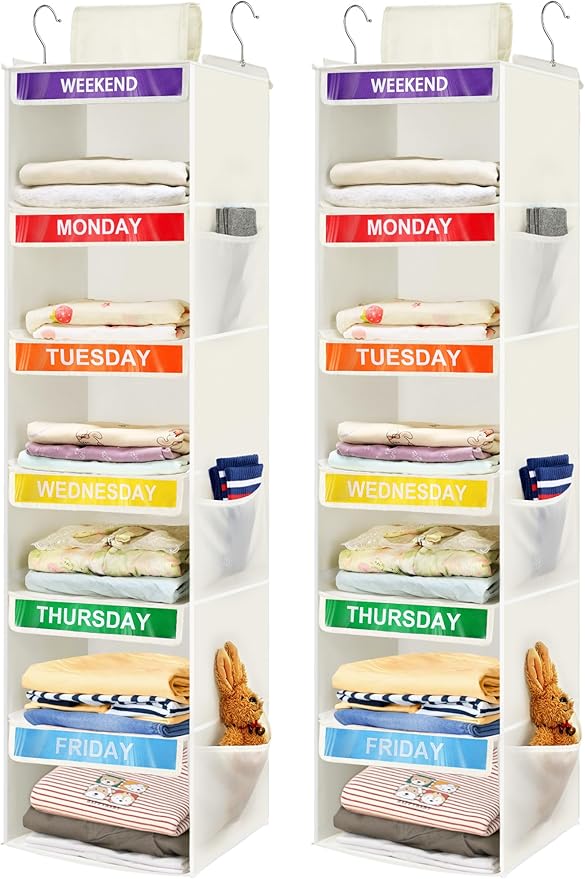 2 Pack 6-Shelf Weekly Clothes Organizer for Kids, Hanging Daily Closet Organization with 6 Side Pockets, Days of The Week Clothing Divider Storage for Boys and Girls (White)-NeatNest