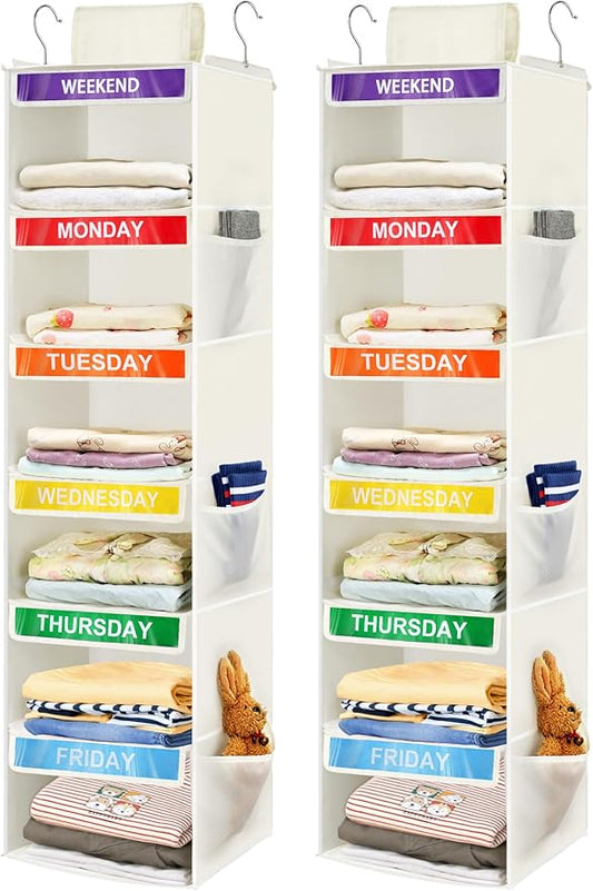 2 Pack 6-Shelf Weekly Clothes Organizer for Kids, Hanging Daily Closet Organization with 6 Side Pockets, Days of The Week Clothing Divider Storage for Boys and Girls (White)-NeatNest