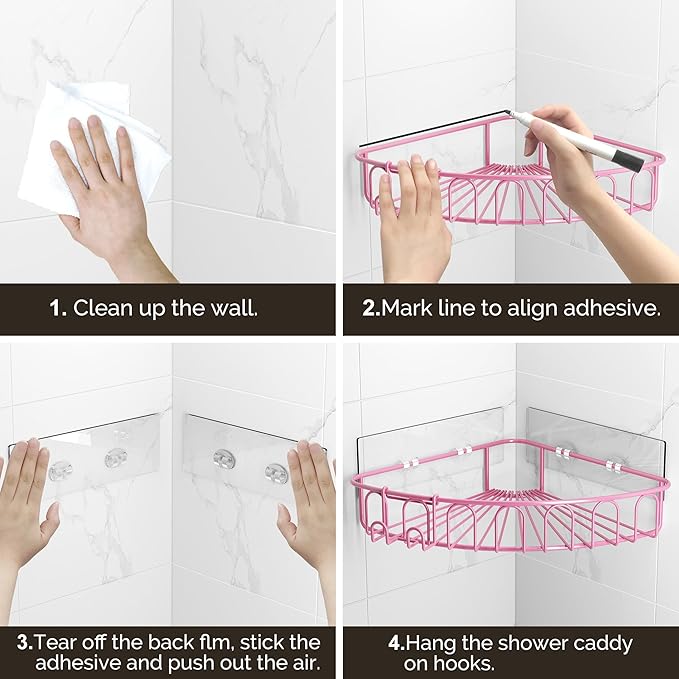 Orimade Corner Shower Caddy with 2 Hooks Wall Mounted Metal Bathroom Shelf Storage Organizer Adhesive No Drilling 2 Pack, Pink Only for 90-Degree Corner