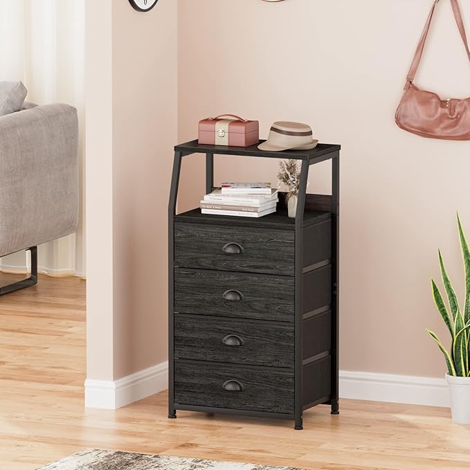 Furnulem Tall 4 Drawers Dresser, Vertical Storage Tower Black Dresser for Bedroom, Hallway, Entryway, Nursery, Closet Organizer, Nightstand Bedside Table Furniture, Sturdy Steel Frame, Wood Top-NeatNest