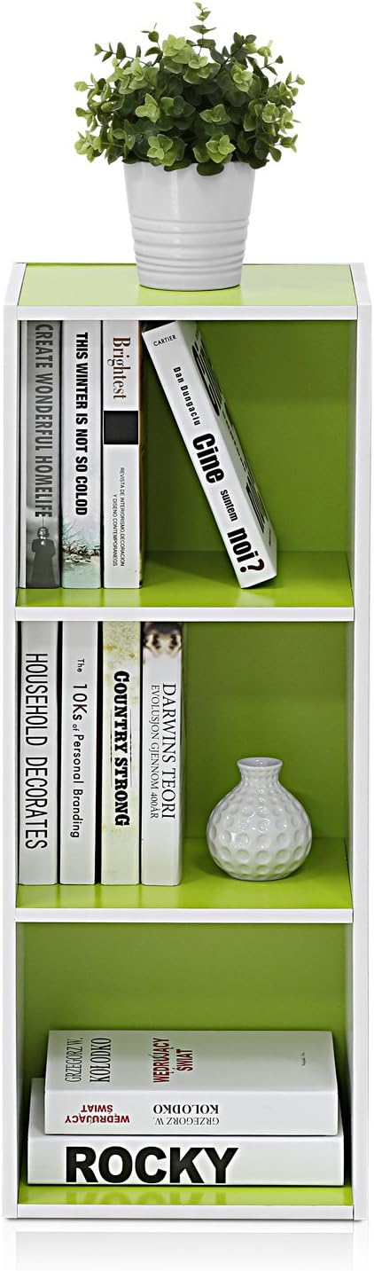 Furinno Pasir 3-Tier Open Shelf Bookcase, White/Green 11003WH/GR-NeatNest