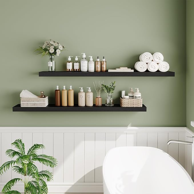 HOOBRO Floating Shelves for Wall, Wall Mounted Shelf Set of 2, 55" Hanging Shelf with Invisible Brackets, for Wall in Bathroom, Bedroom, Toilet, Kitchen, Living Room, Office, Black BK140BJP201-NeatNest