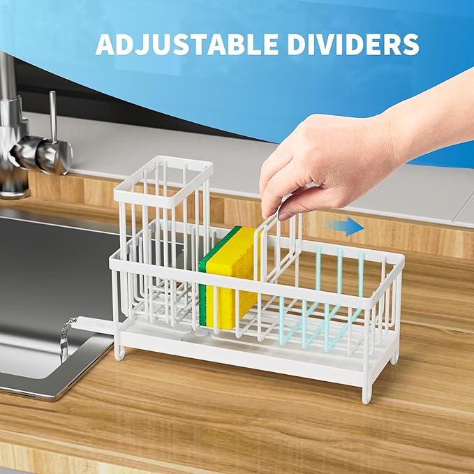 Cisily White Sponge Holder for Kitchen Sink, Sink Caddy Organizer with High Brush Holder, Kitchen Countertop Organizers and Storage Essentials, Rustproof 304 Stainless Steel, Soap Dispenser Organize-NeatNest