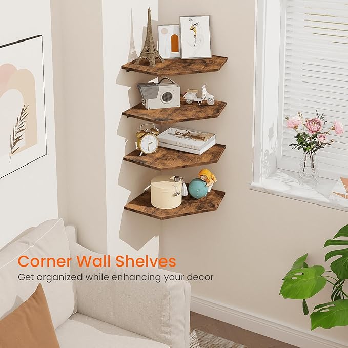 Homode Corner Shelf Wall Mount, Set of 4 Floating Corner Shelves with Cord Hole for Cable Box, Wood Corner Hanging Shelves for Bathroom Bedroom Kitchen, Rustic Brown-NeatNest