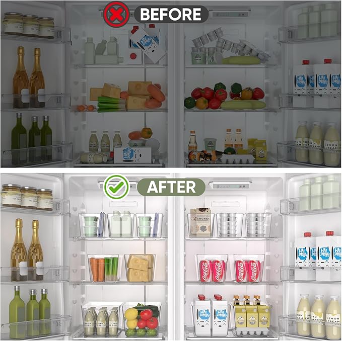 BALEINE Clear Plastic Storage Bins, Pantry Organization, BPA Free Stackable Refrigerator Organizers and Storage with Handles for Kitchen Fridge Cabinet Bathroom (4PK, 13x7.4x6.2)-NeatNest