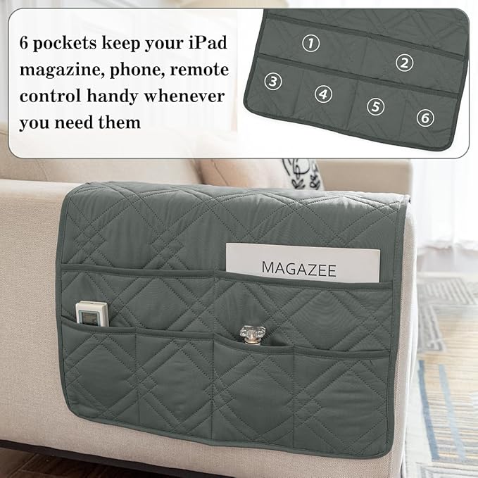 Couch Armrest Organizer Remote Control Holder Bedside Caddy with 6 Pockets, Non-Slip Armchair Caddy Sofa Armrest Organizer for Tv Remote Control, Magazine, Cell Phone, Dark Grey-NeatNest