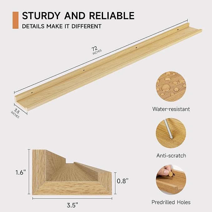 Floating Picture Ledge Shelves for Wall Set of 2, 72 Inches Picture Ledge Shelf with Long Large Nursery Book Shelf for Toys Storage Kids Bookshelf Wall Mounted Living Room Bedroom Decor Frames, Oak-NeatNest