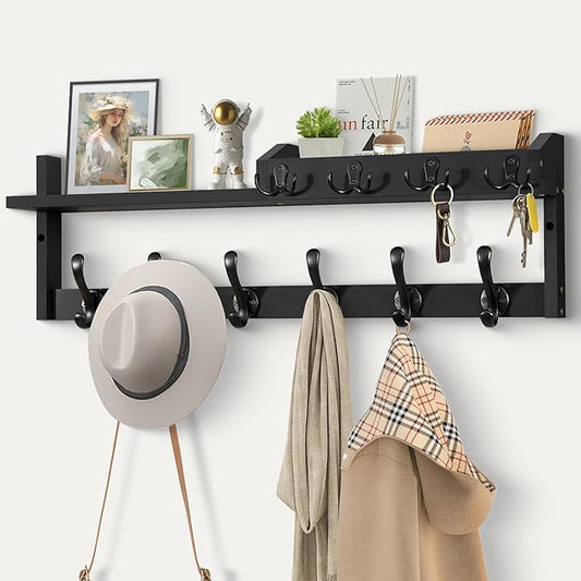 Coat Rack Wall Mount with Shelf, 27.5" Entryway Wall Hanging Shelf, Coat and Key Hanger with 10 Dual Hooks, Mail Organizer and Key Holder Hat Rack for Wall, Wood Coat Hooks with Storage-NeatNest