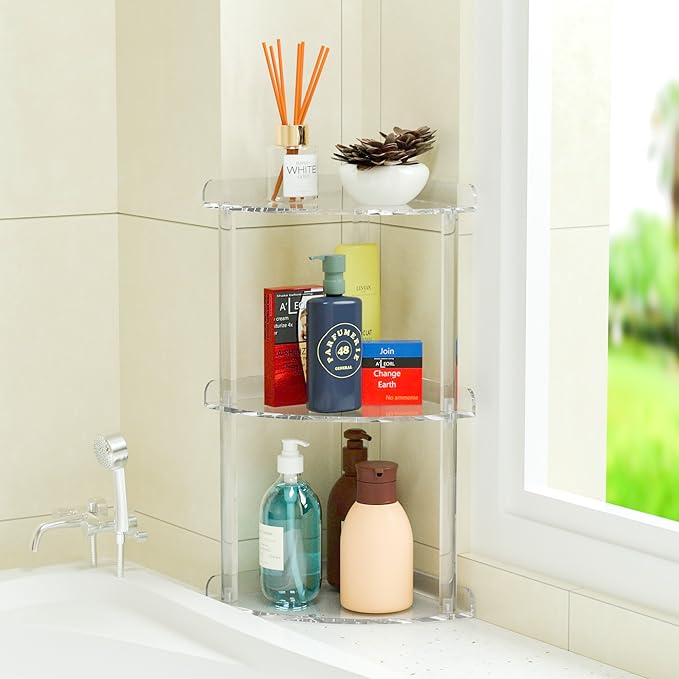3 Tier Countertop Corner Organizer Shelf 7x7x15.7 Inch, Countertop Acrylic Bathroom Corner Shelf, Clear Vanity Storage Organizer for Cosmetics, Toiletries-NeatNest