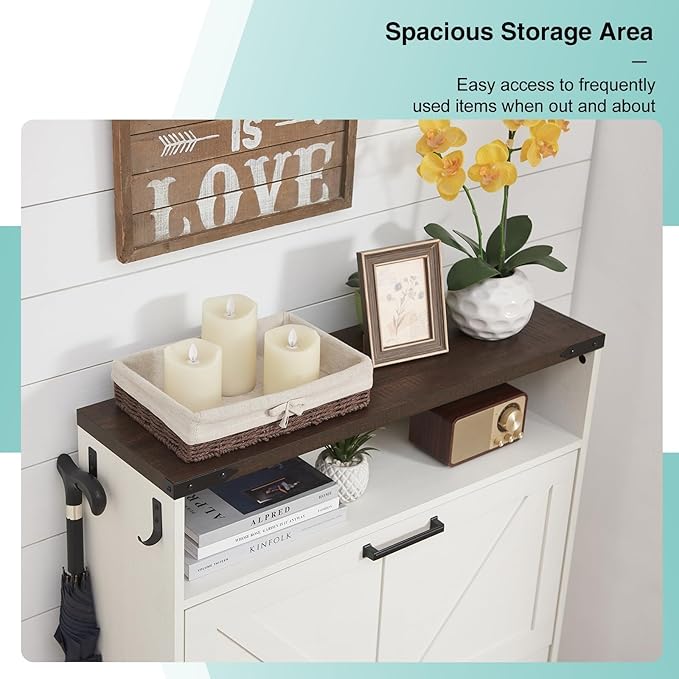 Shoe Storage Cabinet,Farmhouse Shoe Organizer with 2 Flip Drawers & Barn Door Design,Freestanding Hidden Slim Narrow Shoe Rack Cabinet with Open Storage for Entryway, Foyer,Antique White-NeatNest