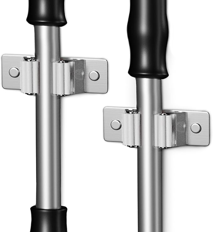 Self Adhesive Broom and Mop Holder Wall Mounted – SUS304 Stainless Steel 2-Slot Organizer with Anti-Slip Rubber Grips, 25lb Load, Adjustable for 0.6–1.4" Handles, Garage Kitchen Bathroom Use, 2 Pack-NeatNest