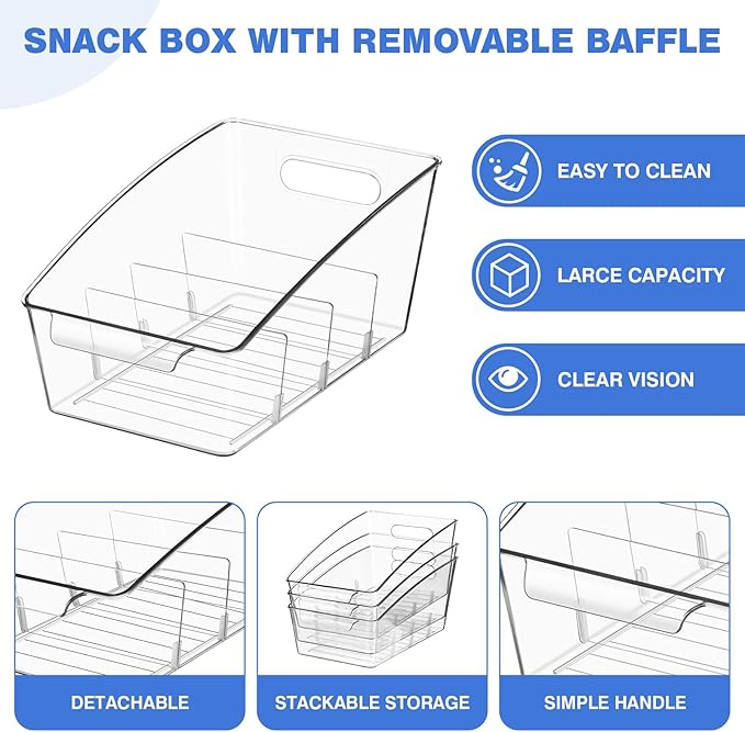 2 Pack Clear Pantry Organizer Storage Bins Removable Snack Organizer Plastic Cabinet Organizers Racks with 3 Dividers, Refrigerator Bins, Kitchen Organization Kitchen Storage-NeatNest