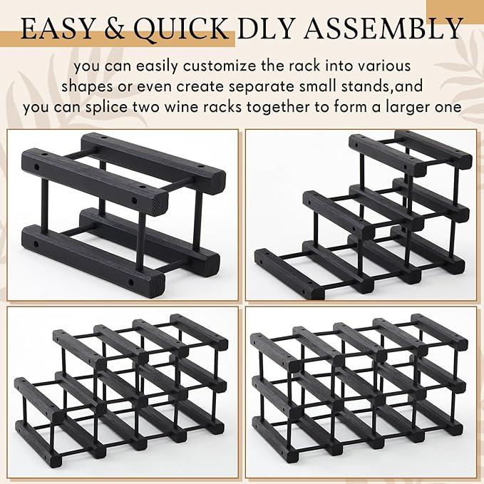 Juexica 1 Pcs 12 Bottles Wooden Wine Rack for Inside Cabinet Stackable Countertop Modular Wine Storage Rack DIY Assembly Bottle Holder for Cellar (Black Color)
