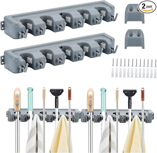 HOME MASTER HARDWARE (2 Pack 16 in Broom Mop Holder Garage Storage Organizer with 5 Racks 6 Hooks Adjustable Wall Mounted Storage Tool for Lanudry Garage Kitchen Garden-NeatNest