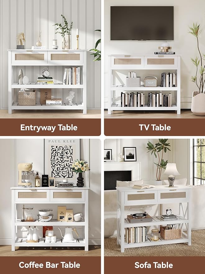 Console Table with 2 Rattan Drawers, Wooden Entryway Table with 3-Tier Storage Shelves, Display Shelf for Entryway, Hallway, Foyer and Living Room, White-NeatNest