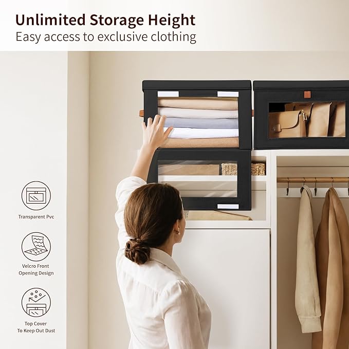 Collapsible Storage Bins - Large Stackable Organizer Bins, Decorative Boxes with Handles & Window, Fabric Containers for Living Room, Closet, Dorm, 6 Pack, Black-NeatNest