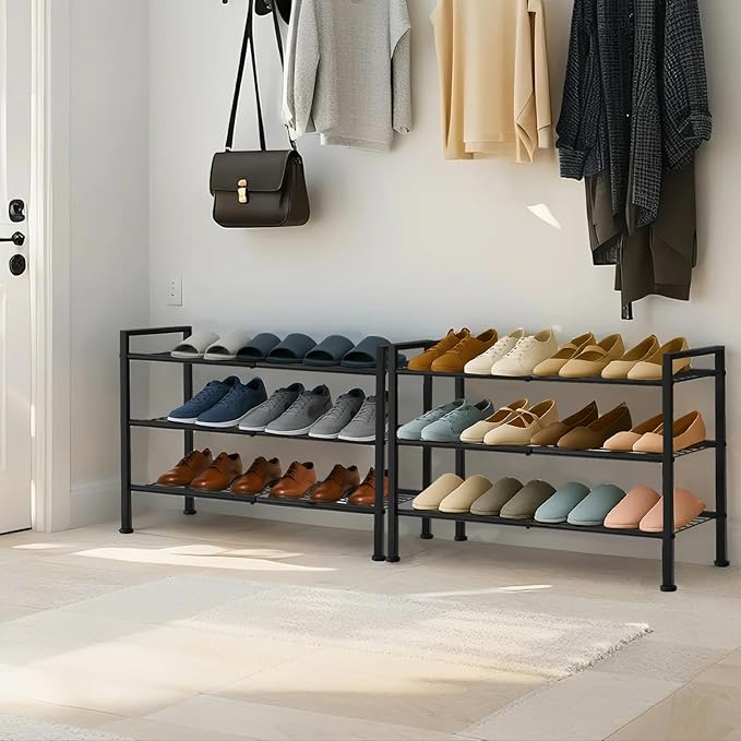 Simple 3 Tier Shoe Rack,Metal Stackable Shoe Storage Organizer for Closet,Entryway, Bedroom, Black (Black, 3-Tier)-NeatNest