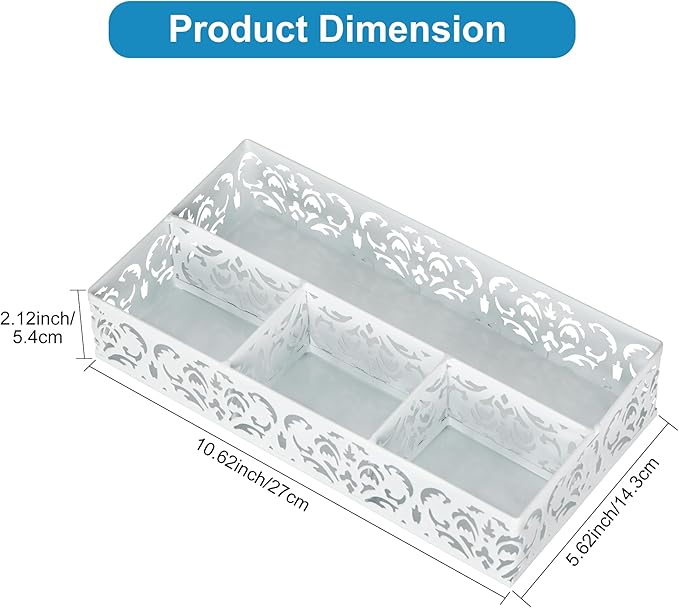 EasyPAG Desk Drawer Organizer with 4 Compartments, Carved Hollow Floral Metal Tray for Office, Jewelry, Cosmetics - No Assembly, White-NeatNest
