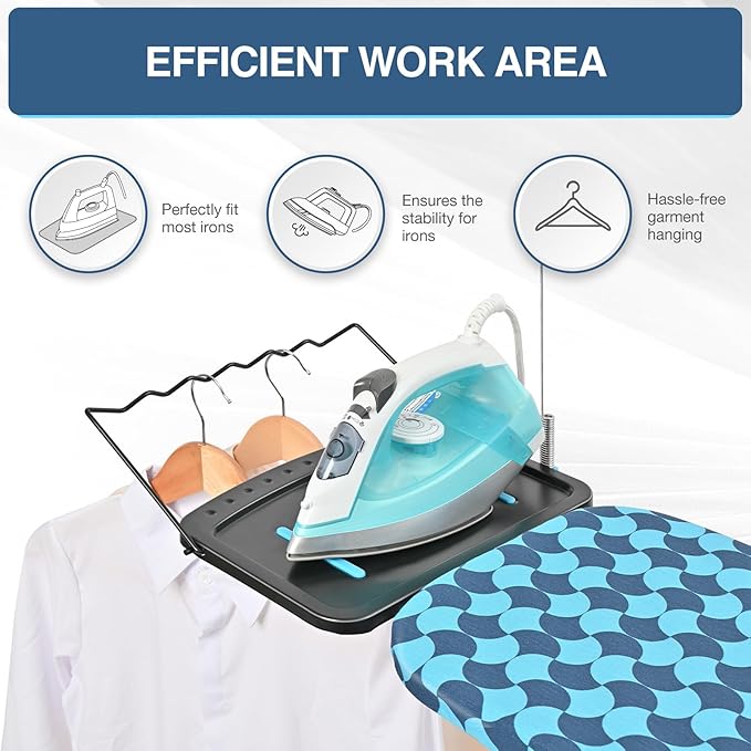 APEXCHASER Ironing Board, Foldable Iron Board with Iron Rest, Metal Panel Ironing Board, Adjustable Height Heavy Duty Irons Board with Germent Rack, Heat & Scorch Resistant Cover, 13x43 Blue