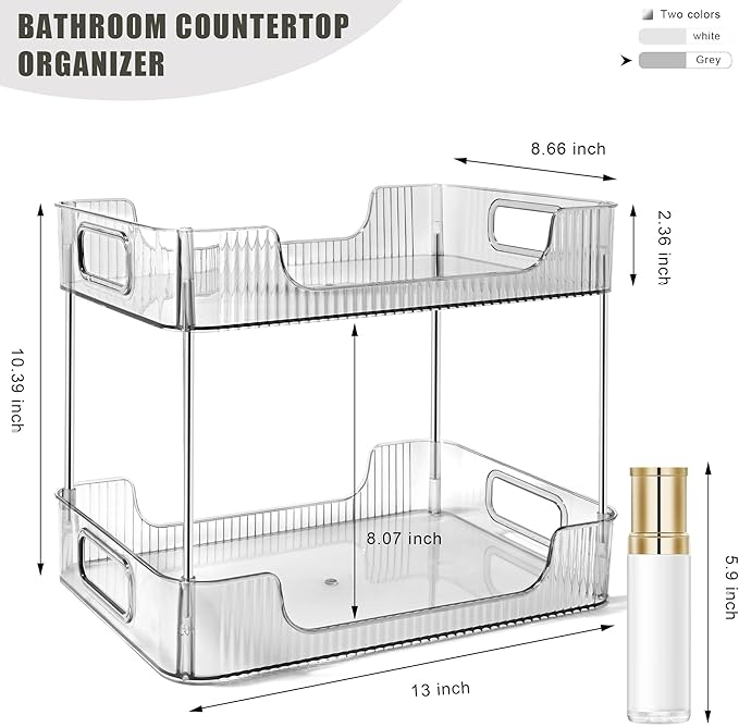 2-Tier Bathroom Counter Organizer Countertop Storage, Dresser Organizer Vanity Tray for Makeup, Perfume Organizer Cosmetics Skincare Shelf- Grey-NeatNest