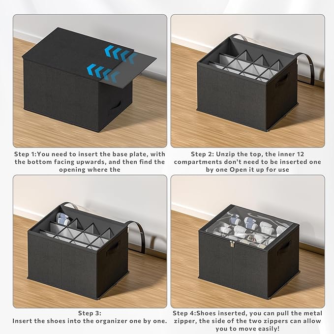 2 Pack Shoe Organizer for Closet - Shoe Storage Bins with Clear Cover, Fabric Shoe Storage Containers with Reinforced Handles, Fits up to 24 Pairs (Black, 16.5 * 12.6 * 12.2in)-NeatNest