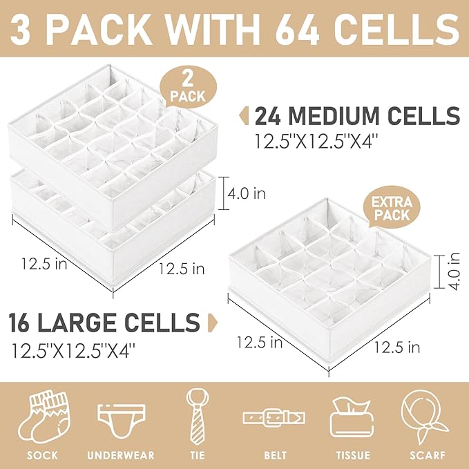 Criusia 3 Pack Sock Underwear Drawer Organizer Dividers, 64 Cell Fabric Foldable Cabinet Closet Organizers and Storage Boxes for Storing Socks, Panties, Ties (16+24+24 Cell, White)-NeatNest