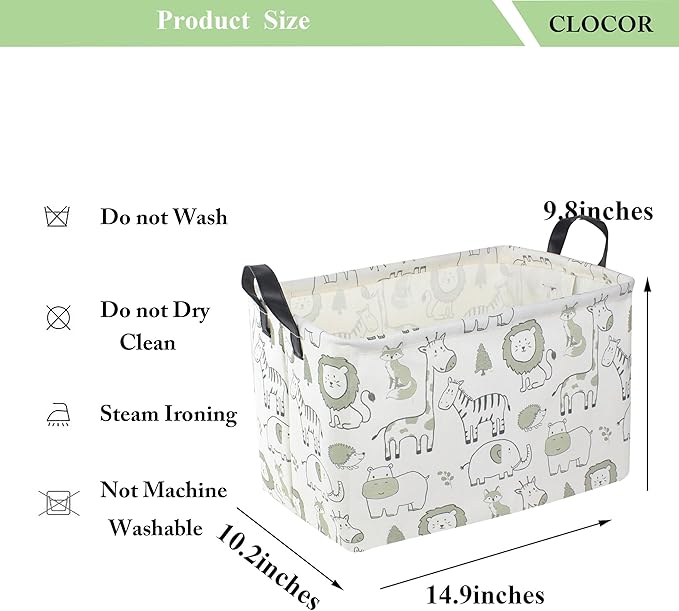 CLOCOR Rectangular Large Storage Basket,Collapsible Cute Pattern Storage Bin,Waterproof Storage Box with Handles,Gift Basket Empty,Room Decor(Green Animals)-NeatNest