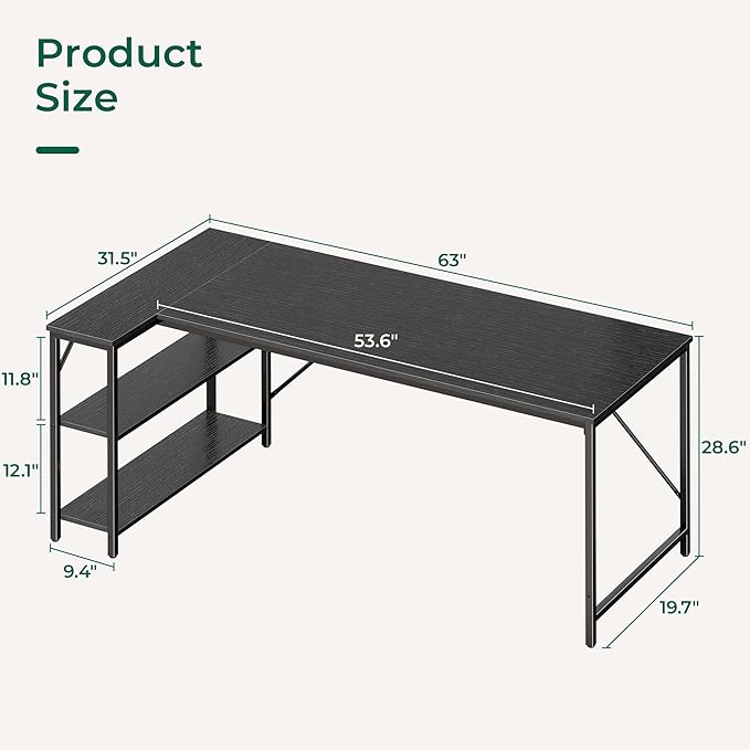 Huuger L Shaped Desk, 63 Inches Computer Desk with Reversible Storage Shelves, Gaming Corner Home Office Writing Study, Metal Frame, Black-NeatNest
