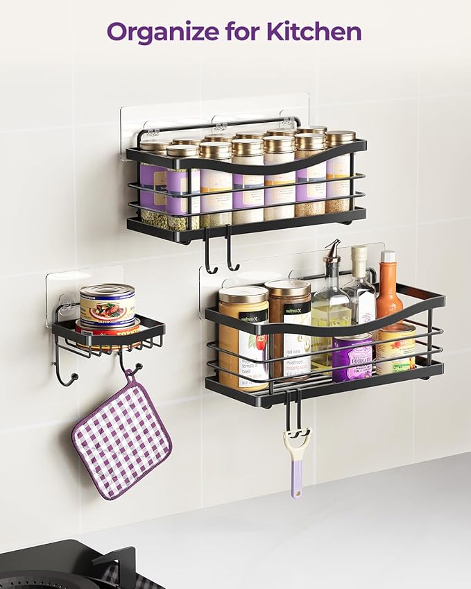 ODesign Shower Caddy 3 Pack-Shower Organizer Shelves Rack Rustproof SUS304 Stainless Steel for Bathroom Storage&Kitchen-No Drilling Adhesive Shower Caddy Shelf with 4 Hooks Suction Cup-Black