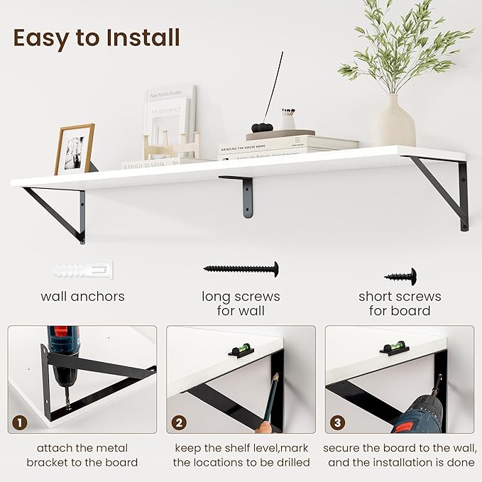Fun Memories Deep Floating Shelves for Wall, 48W x 8D Wall Mounted Shelves Set of 2, Wide Display Ledge Shelf with Sturdy Metal Brackets for Living Room, Bathroom, Bedroom and Kitchen, White-NeatNest