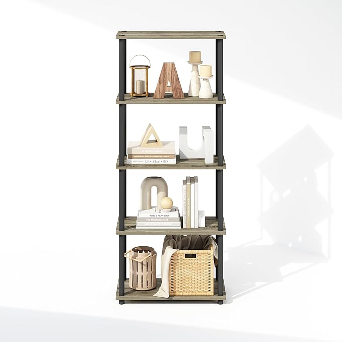 Furinno Turn-N-Tube 5-Tier Multipurpose Compact Bookcase, French Oak/Black-NeatNest