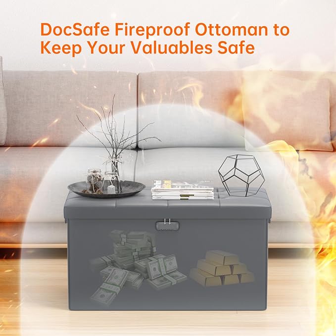 DocSafe Storage Ottoman Bench with Lock,Fireproof 30 Inches Folding Bench Foot Rest Stool Storage Chest Safe for Living Room,Bedroom,Home Office,Waterproof Leather Ottoman with Handles,Gray-NeatNest