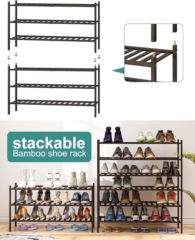 Long Shoe Rack, Bamboo Wood Shoe Rack for Closet, Entryway & Hallway, 3-Tier Stackable Shoe Shelf-NeatNest