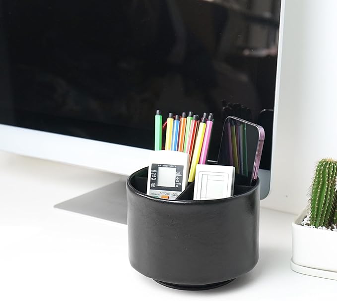 Hennaja Round Leather Art Supply Organizer,Remote Control Holder,360 Degree Spinning,Multi-Functional Pencil Holder,4 Compartments Desktop Stationary Organizer(1-Oil Black)-NeatNest