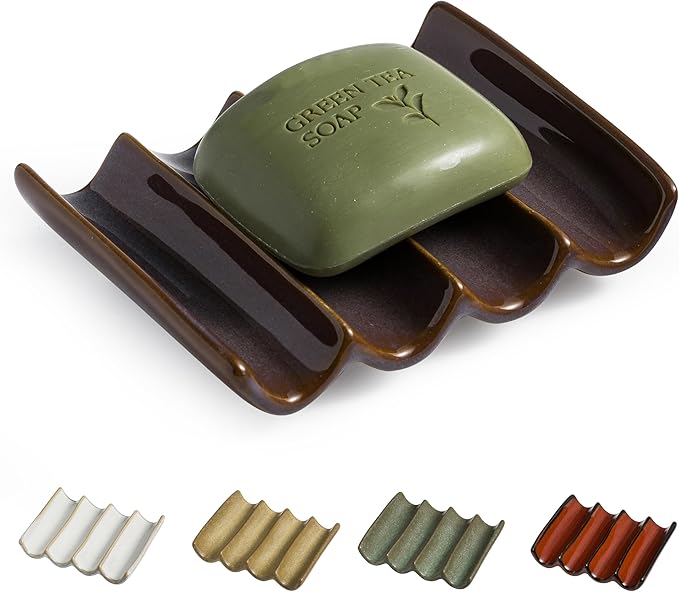 Ceramic Bar Soap Dish and Savers for Bathroom, Shower and Kitchen, Japanese Self Drain Soap Holder, Purple-NeatNest