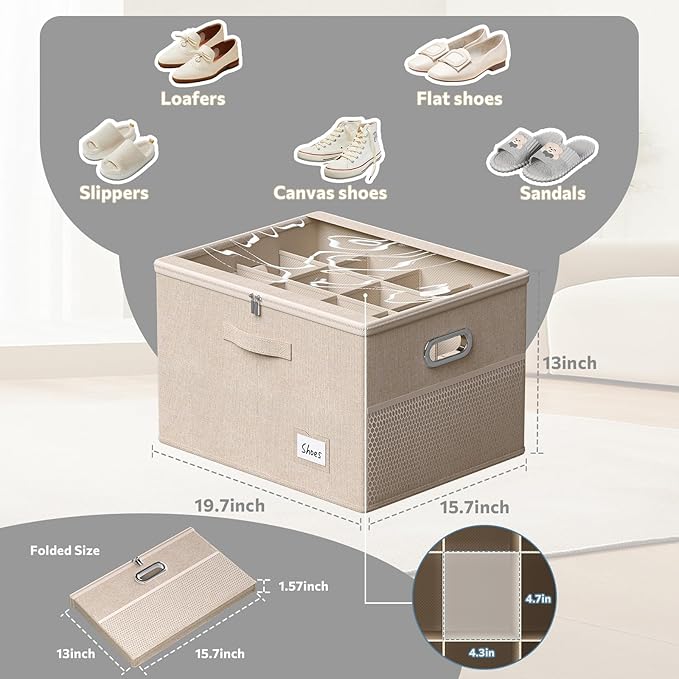 2 Pack Shoe Organizer for Closet Large Shoe Box Storage Containers with Clear Window Space Saving Shoe Bin with Foldable Bottom Support Adjustable Dividers Fits 32 Pairs (Beige, (19.7x15.7x13inch)x2)-NeatNest