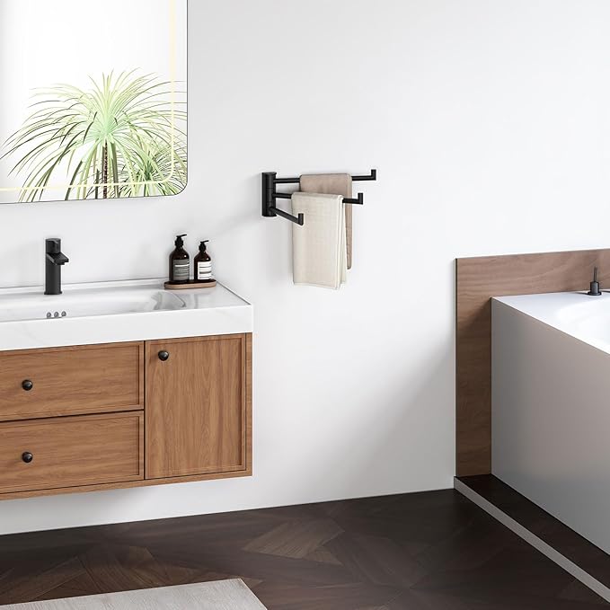 Angle Simple Swivel Hand Towel Holder, SUS 304 Stainless Steel Foldable 3 Towel Bars for Bathroom, Matte Black