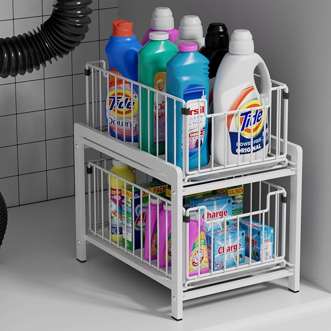2 Tier Sliding Basket Drawer Organizer, Pull Out Under Sink Cabinets Organizers, Metal Home Shelf for Bathroom or Kitchen, Sliding Countertop or Pantry Storage Shelf, Large White-NeatNest
