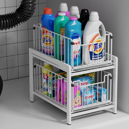 2 Tier Sliding Basket Drawer Organizer, Pull Out Under Sink Cabinets Organizers, Metal Home Shelf for Bathroom or Kitchen, Sliding Countertop or Pantry Storage Shelf, Large White-NeatNest