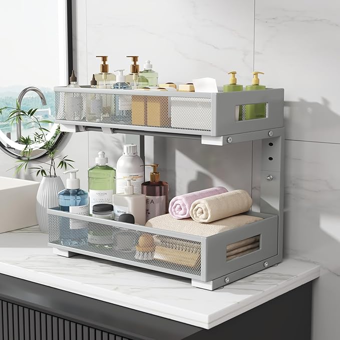 2-Pack Under Sink Organizers And Storage,Large Capacity 2-Tier Pull-Out Cabinet Organizer With Upgraded Tube Rails,Adjustable Height Sliding Drawers,Sturdy Mesh Shelves For Kitchen&Bathroom-Grey-NeatNest